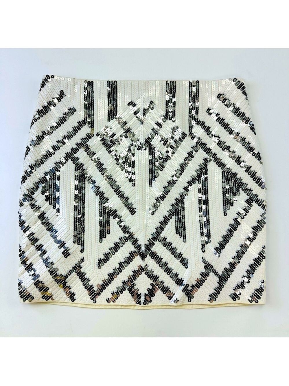 Express sequin white silver Art Deco stretch pull on lined skirt Large glam